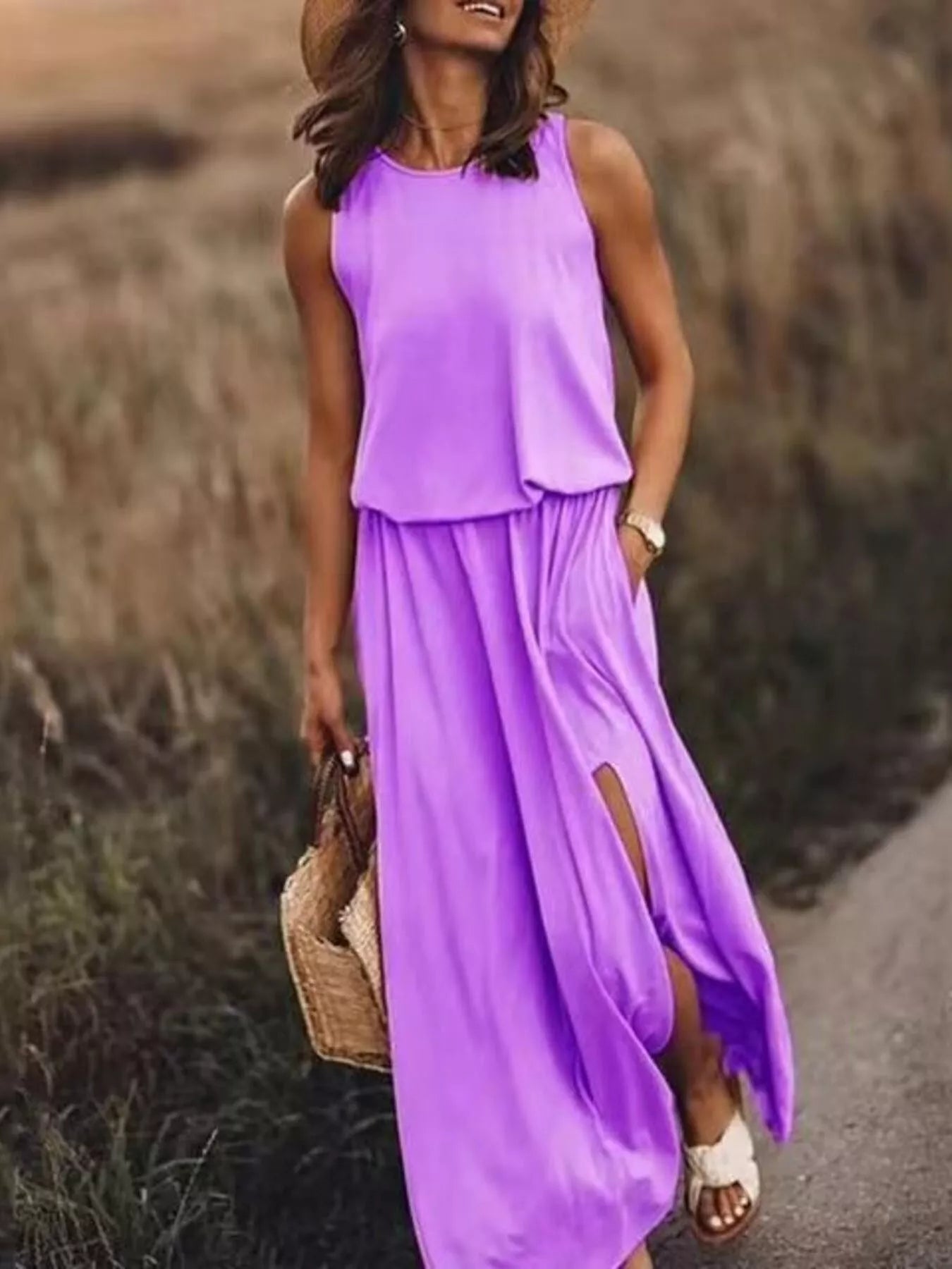 Full Size Round Neck Sleeveless Slit Maxi Dress Plus Size Light Purple