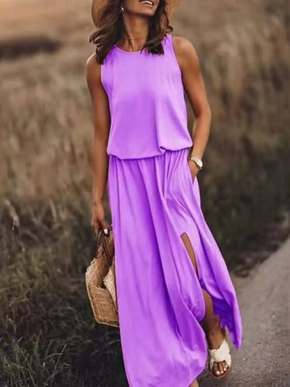 Full Size Round Neck Sleeveless Slit Maxi Dress Plus Size Light Purple