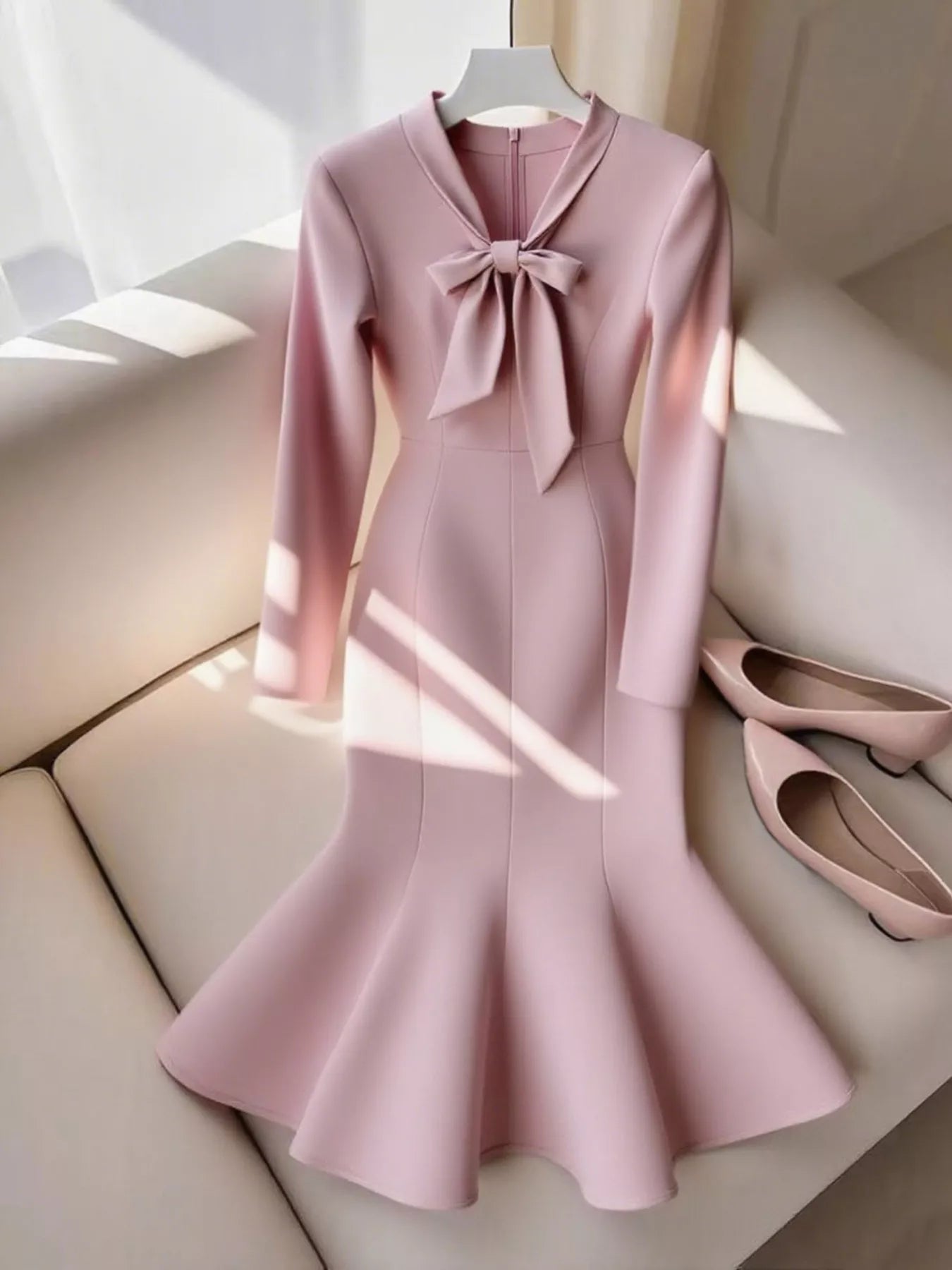 Bow-Knot Long Sleeve Mermaid Dress Dusty Pink