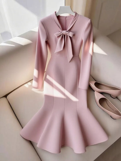 Bow-Knot Long Sleeve Mermaid Dress Dusty Pink