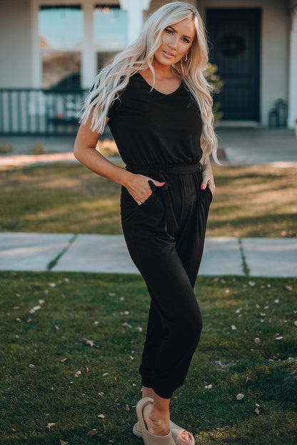 Belted V-Neck Jogger Jumpsuit Black XL