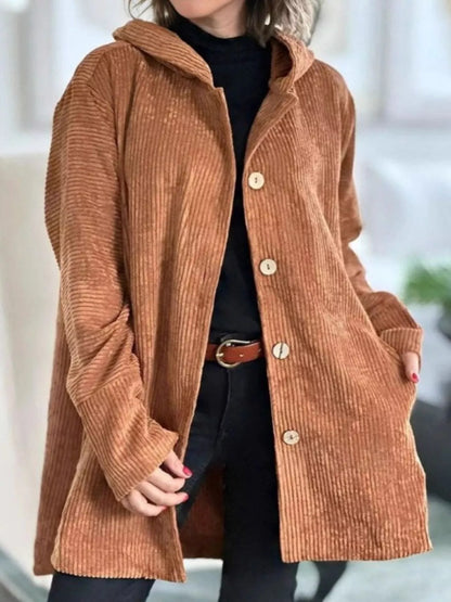 Full Size Corduroy Hooded Button-Up Jacket Plus Size Light Brown