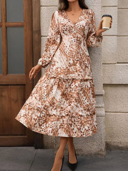 Ruffled V-Neck Balloon Sleeve Dress