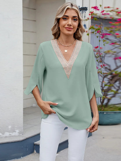 V-Neck Lace Trim Blouse Sage