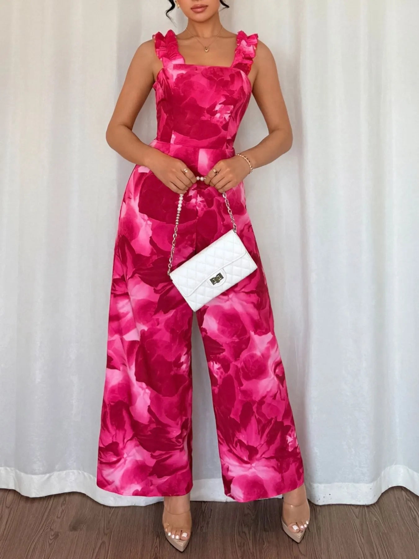 Floral Print Square Neck Wide Leg Jumpsuit Hot Pink
