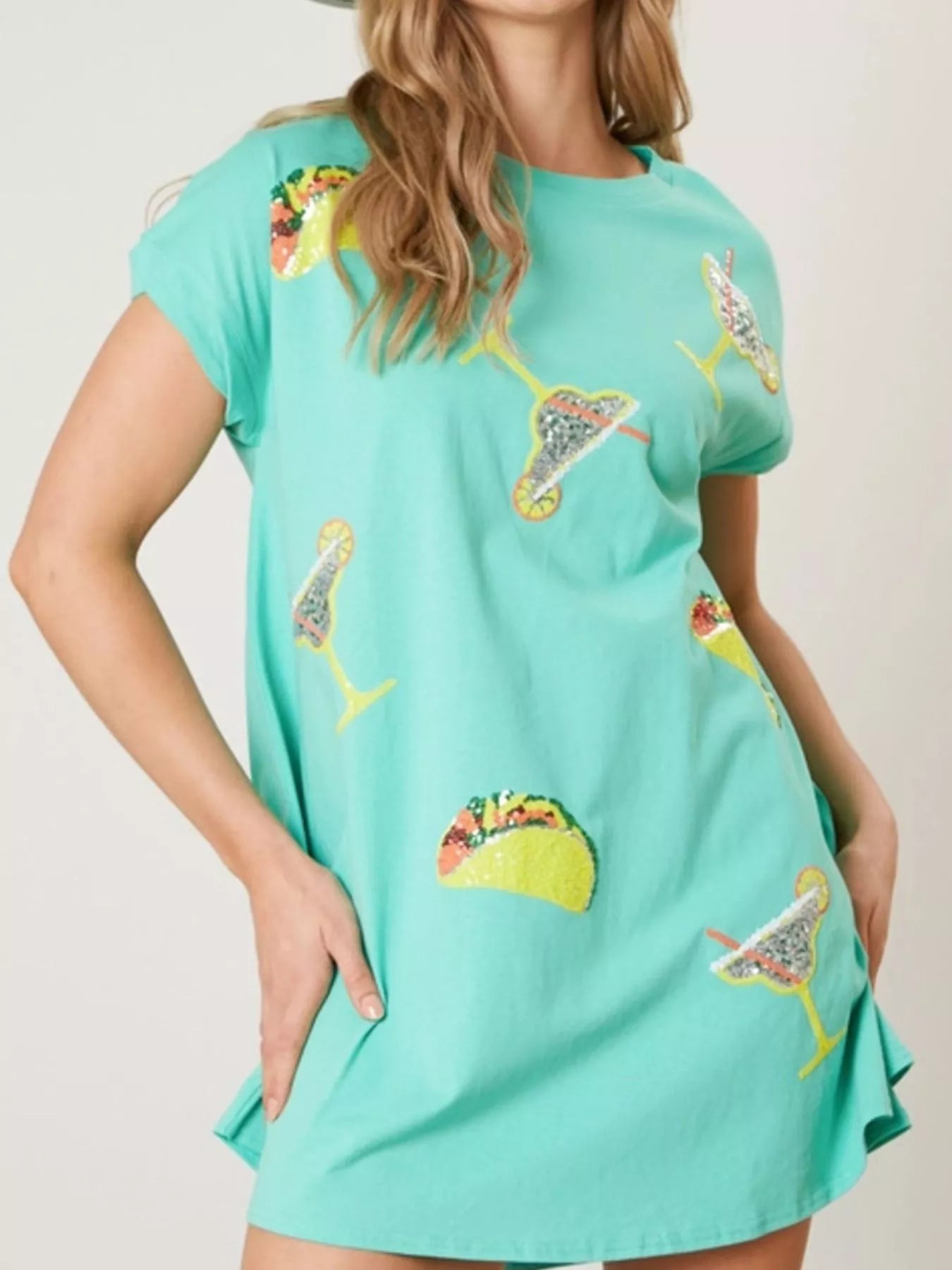 Sequin Short Sleeve Summer Tee Dress Green