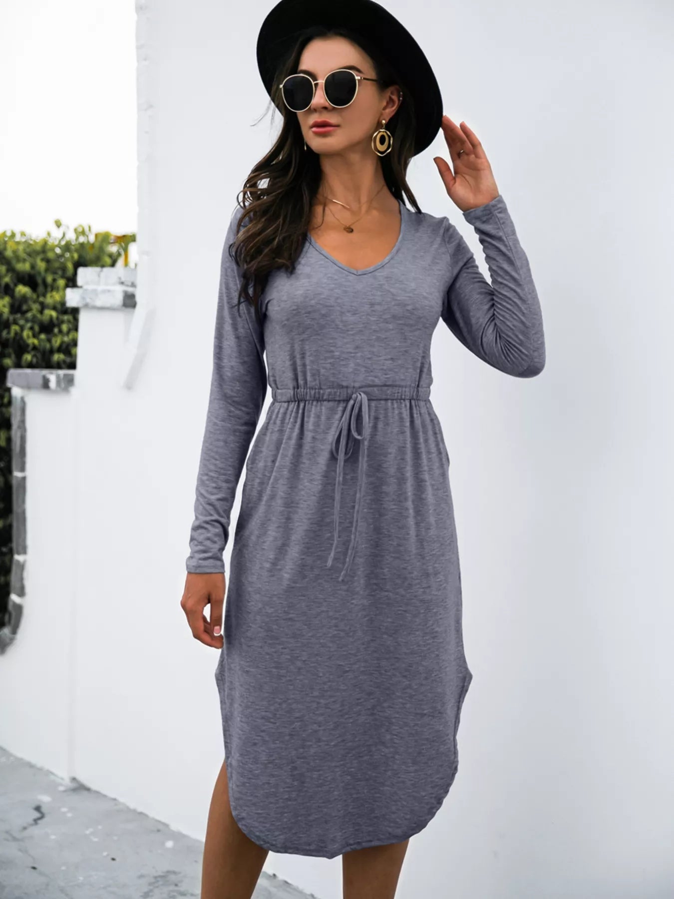 Drawstring Waist Long Sleeve Casual Dress