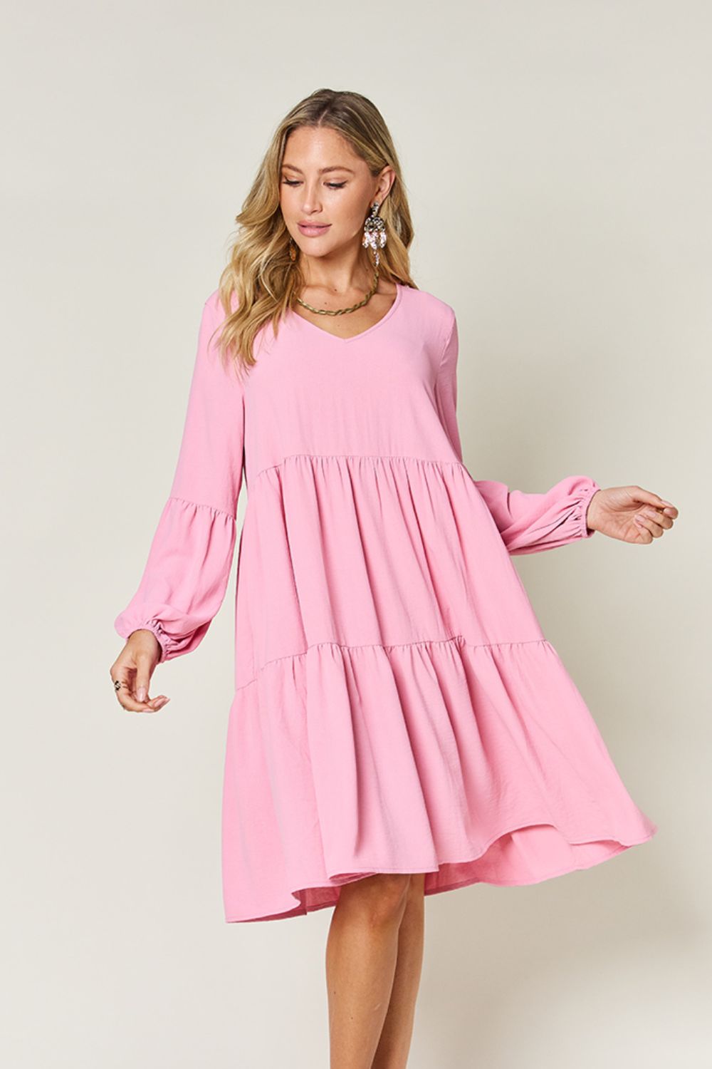 V-Neck Balloon Sleeve Tiered Boho Midi Dress
