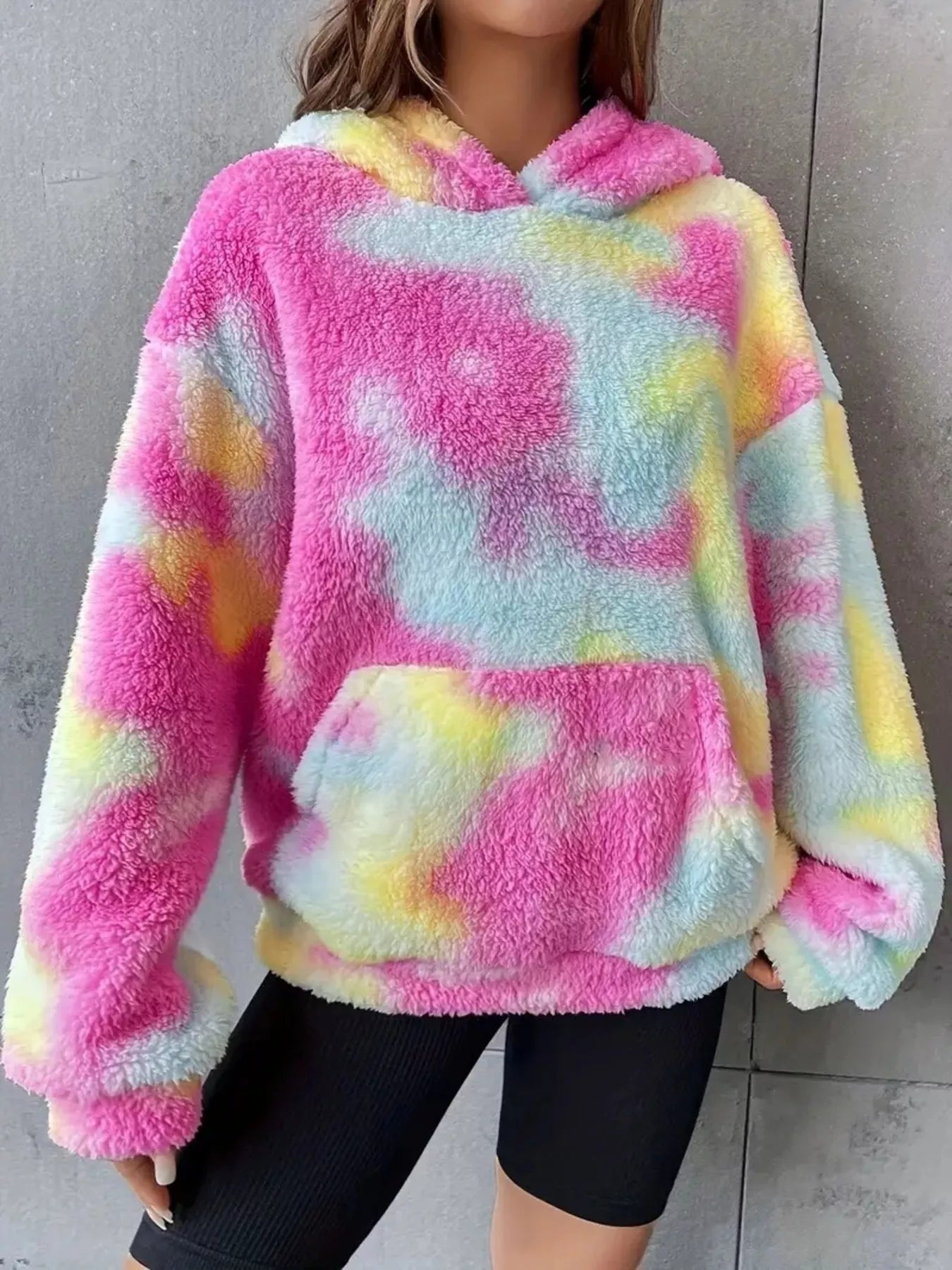 Tie-Dye Plush Fleece Hoodie Fuchsia Pink