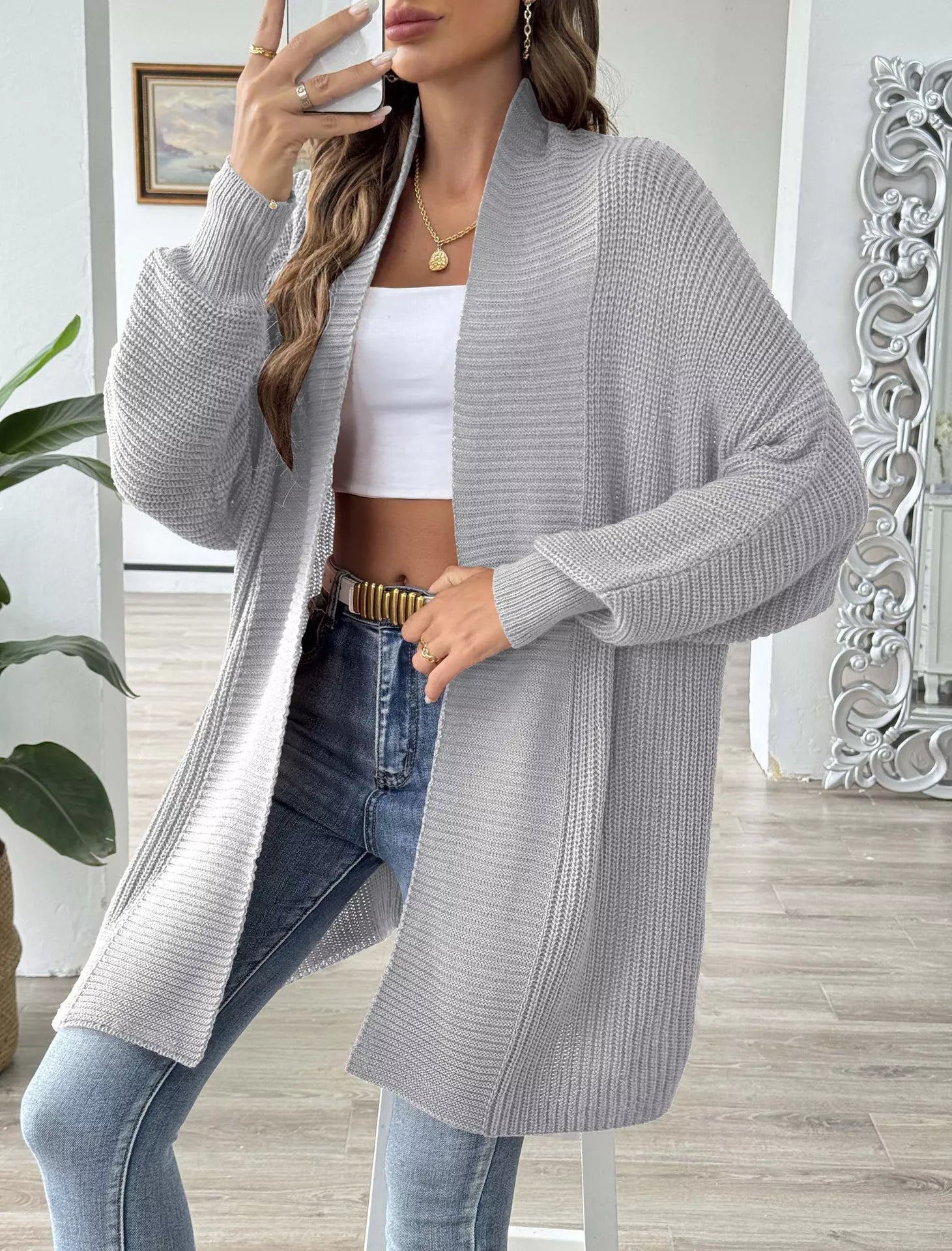 Open Front Ribbed Knit Cardigan