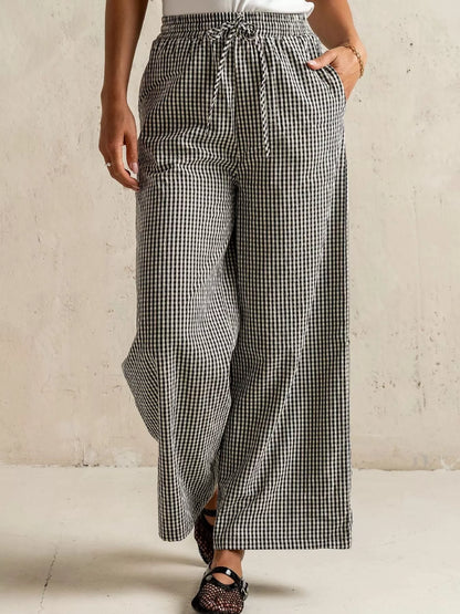 Gingham Print Wide Leg Casual Pants Black