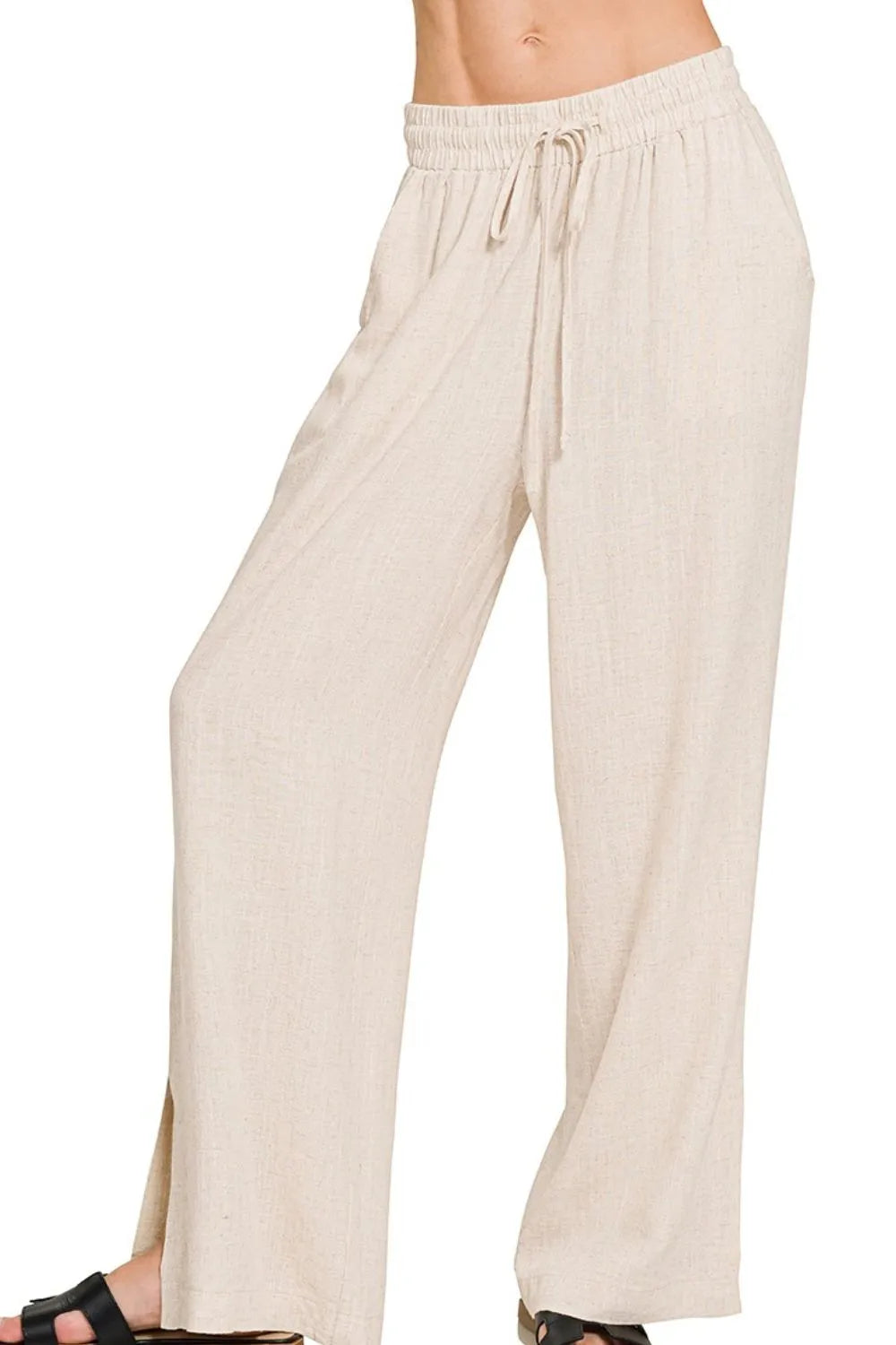 Zenana Linen Drawstring Pants SAND BEIGE