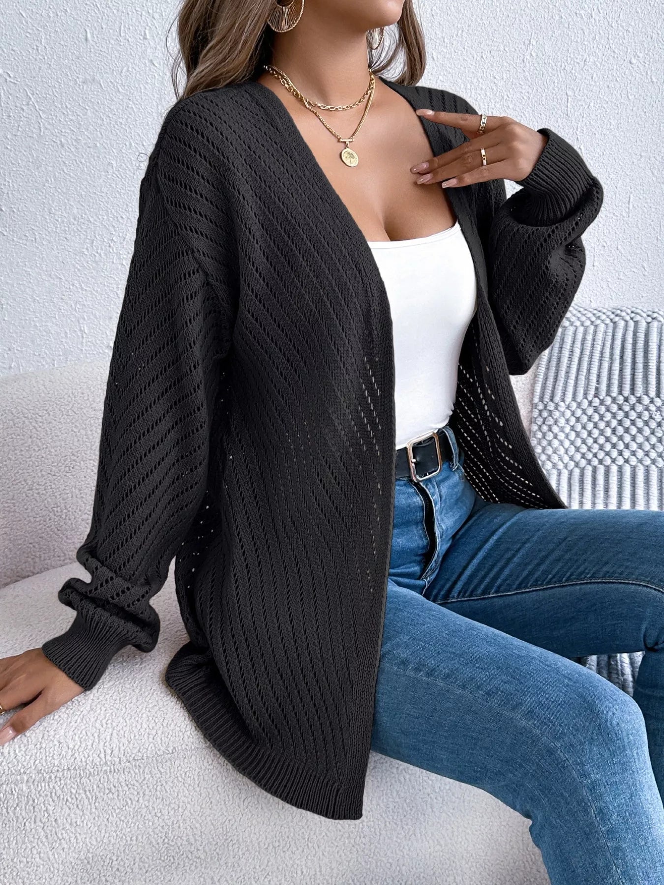 Openwork Open-Front Long Sleeve Cardigan