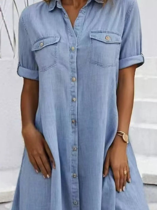 Full Size Button-Front Short Sleeve Denim Dress Plus Size