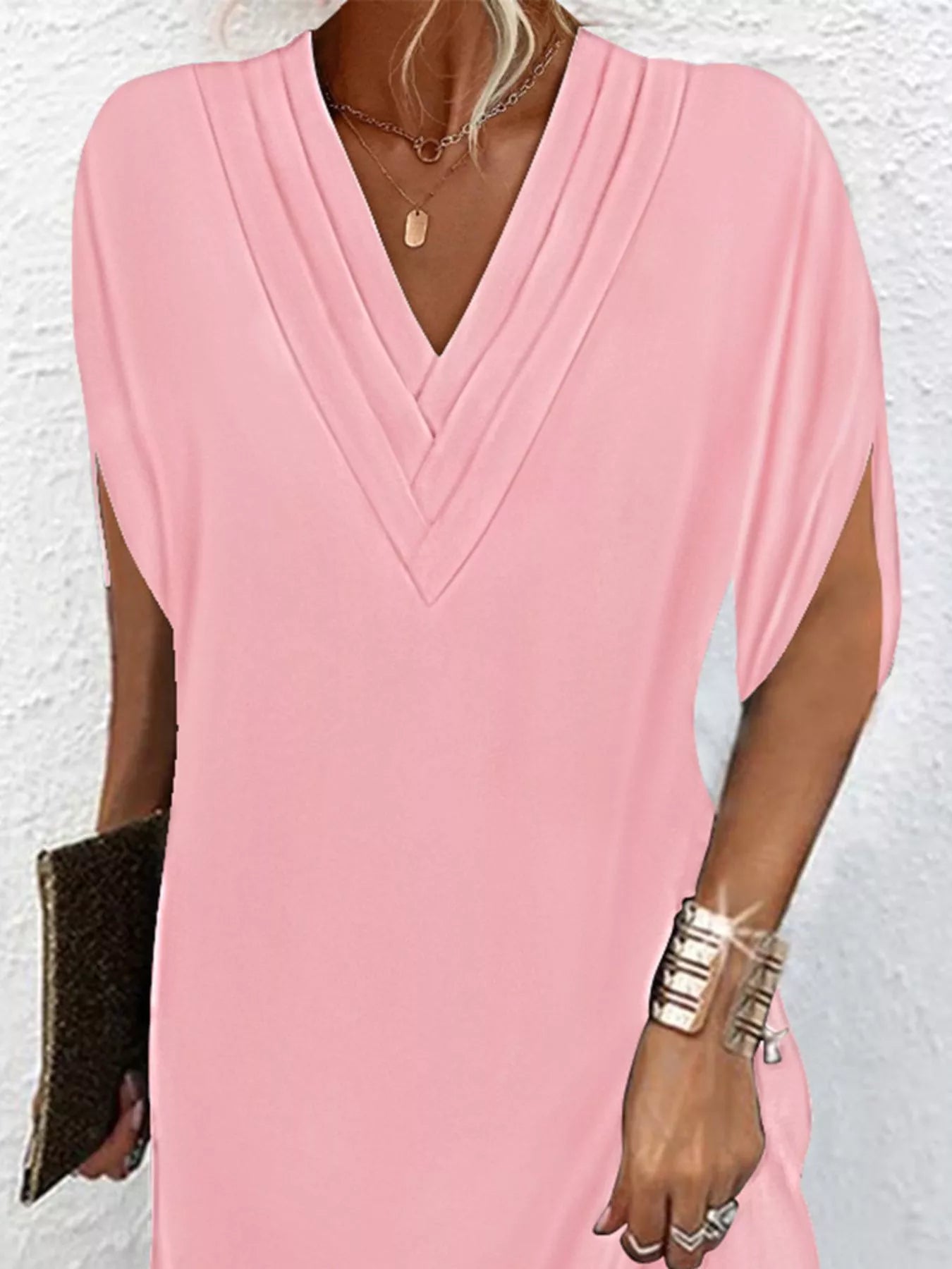 Full Size V-Neck Slit Sleeve Mini Dress Plus Size Pink