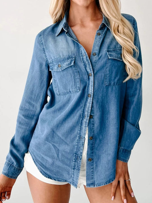 Button-Down Collared Neck Denim Shirt Blue