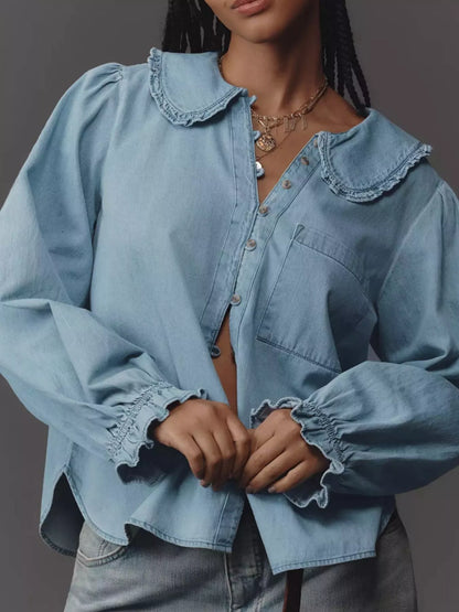 Peter Pan Collar Ruffled Denim Shirt