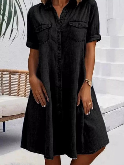 Full Size Button-Front Short Sleeve Denim Dress Plus Size Black