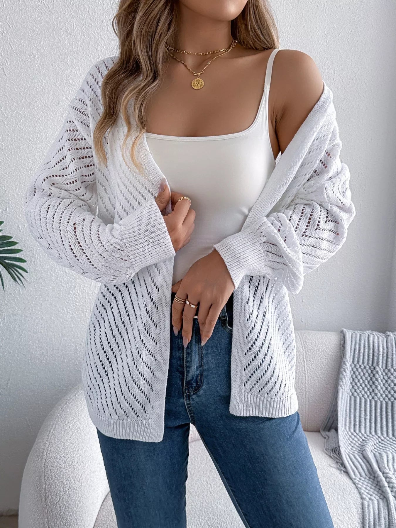 Openwork Open-Front Long Sleeve Cardigan
