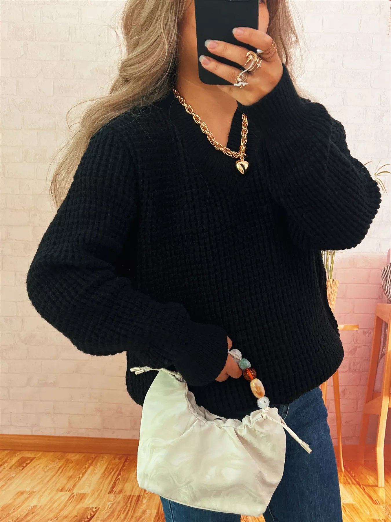 V-Neck Textured Knit Sweater