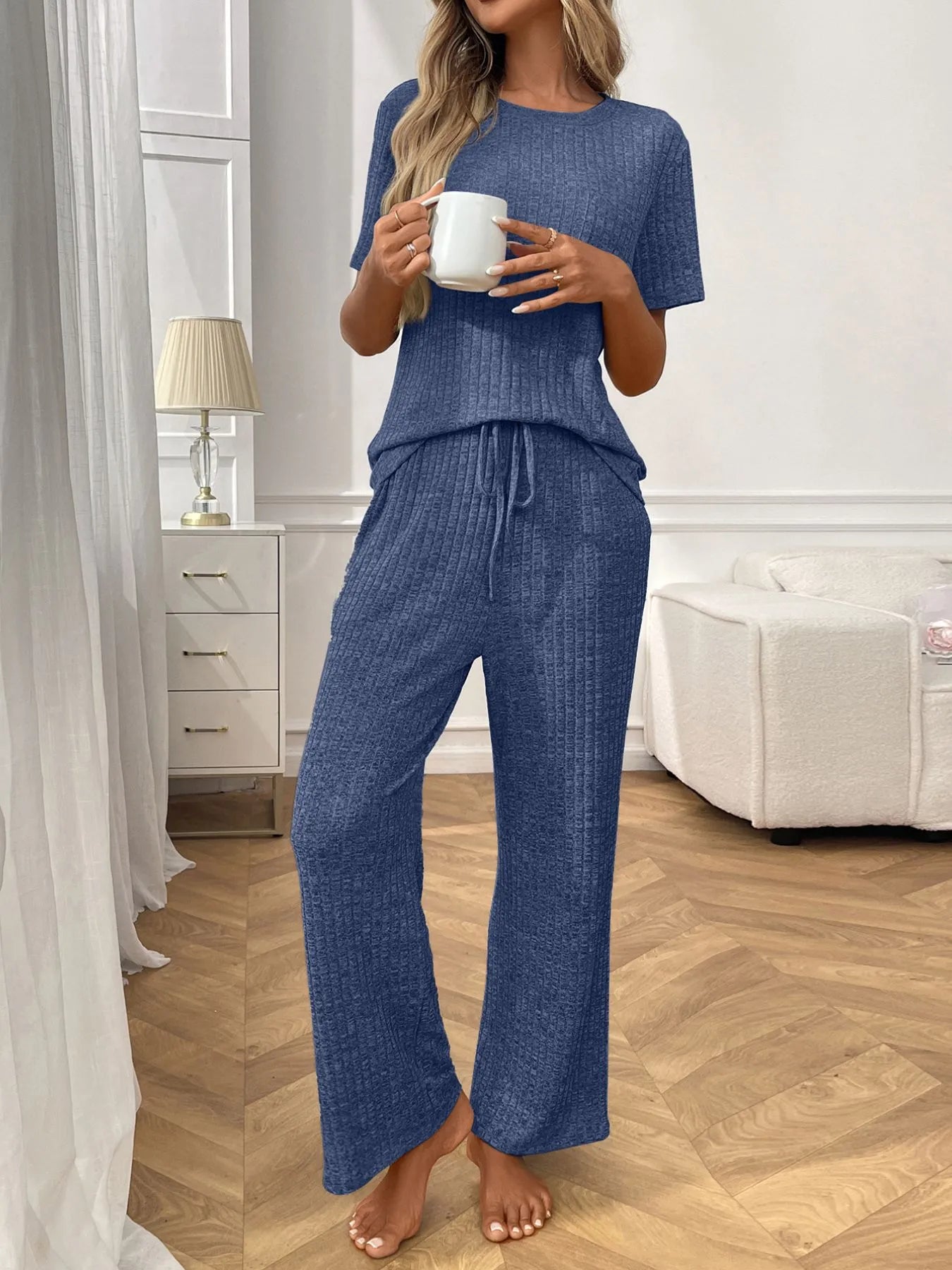 Ribbed Knit Short Sleeve Top and Pants Lounge Set Blue