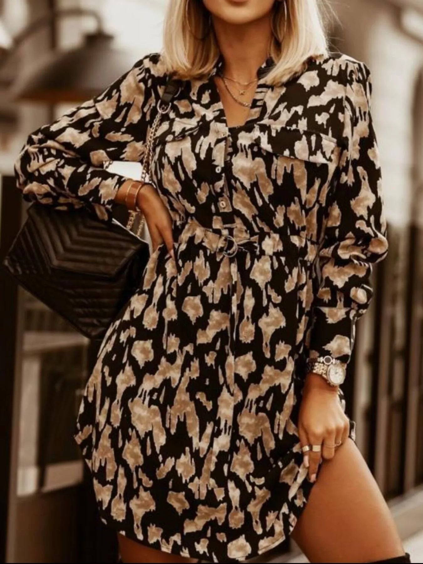 Printed Button Front Long Sleeve Dress