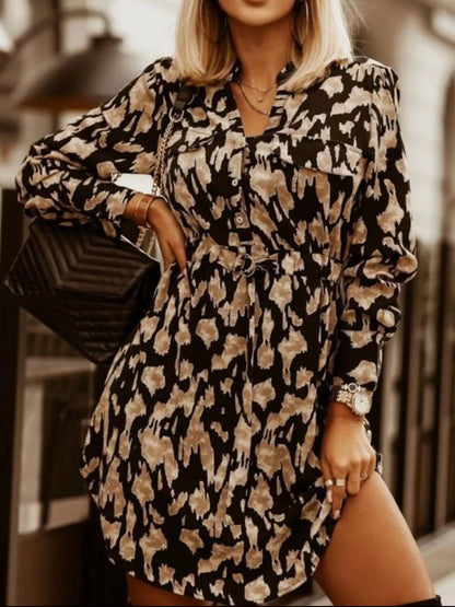 Printed Button Front Long Sleeve Dress