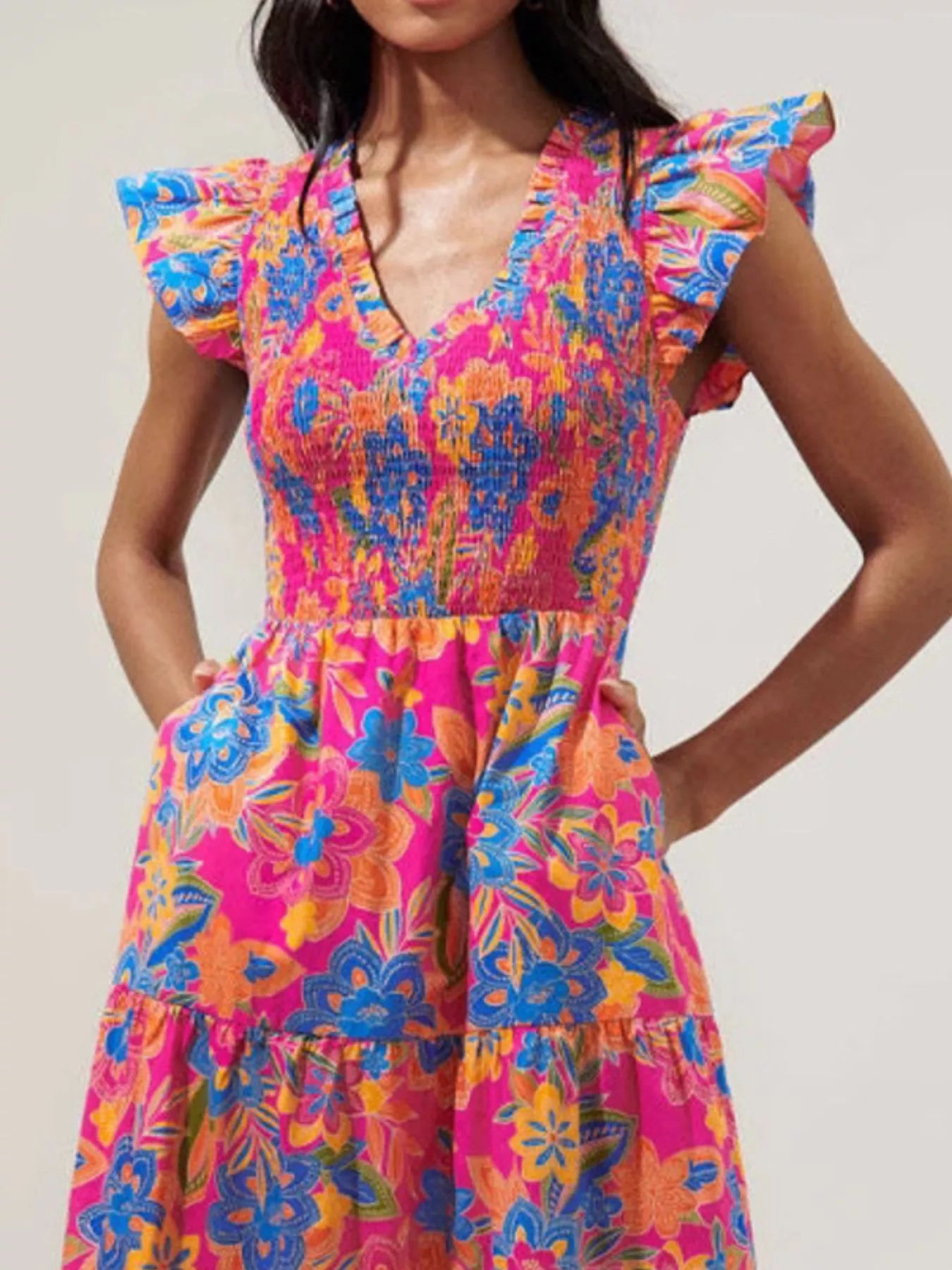 Ruffled V-Neck Tiered Midi Dress