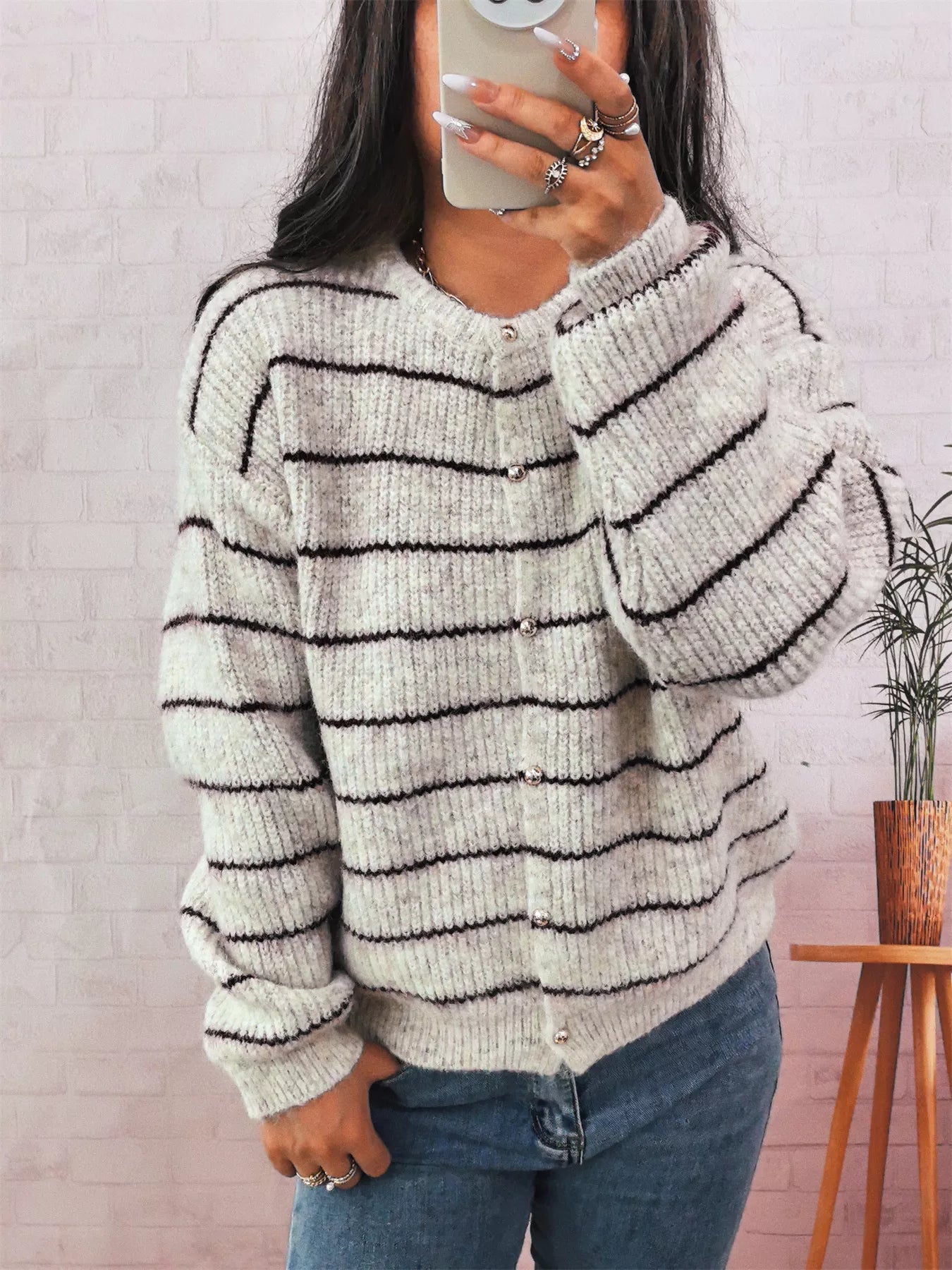 Striped Button Up Long Sleeve Cardigan