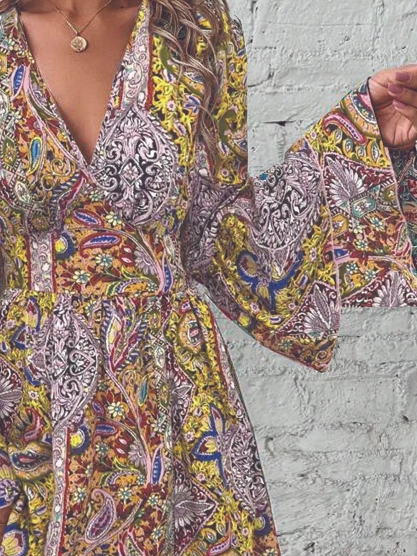 Paisley Print V-Neck Flounce Sleeve Dress