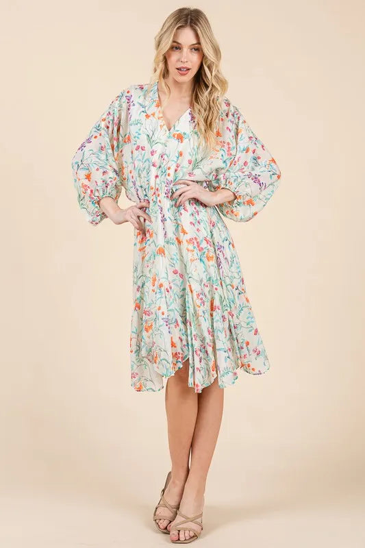 Lime 'N' Chili Floral Cinched Waist Balloon Sleeve V-Neck Dress