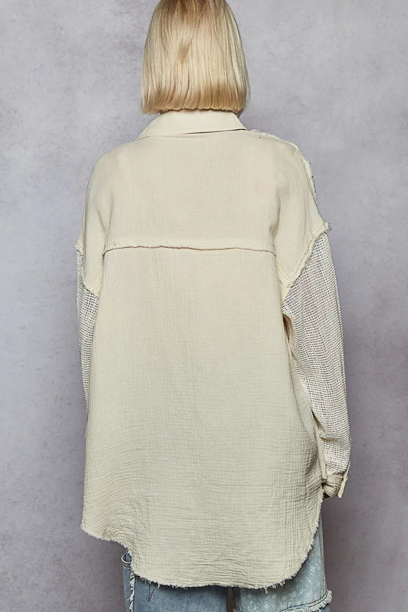 POL Button Down Exposed Seam Flower Print Patch Shirt with Crochet Long Sleeve