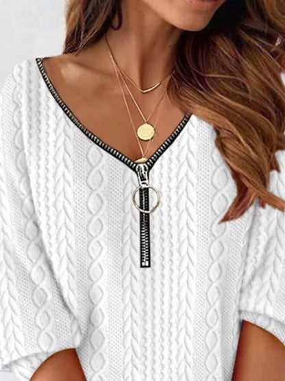 Zip Detail Textured Knit Mini Sweater