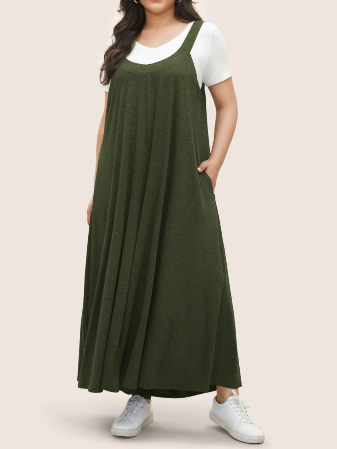 Full Size Pocketed Wide Leg Overalls Army Green