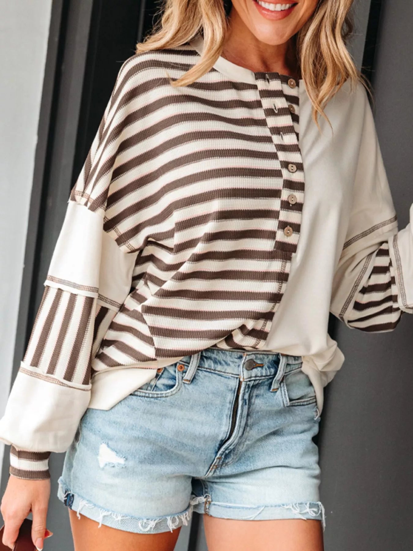 Stripe Stitched Detail Color Block Patchwork Oversized Top