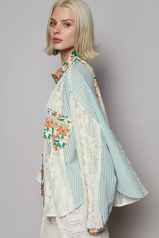 POL Lace Long Sleeve Shirt with Floral and Striped Pattern
