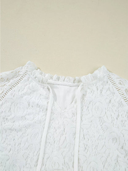 Tie Neck Lace Ruffle Detail Long Sleeve Blouse