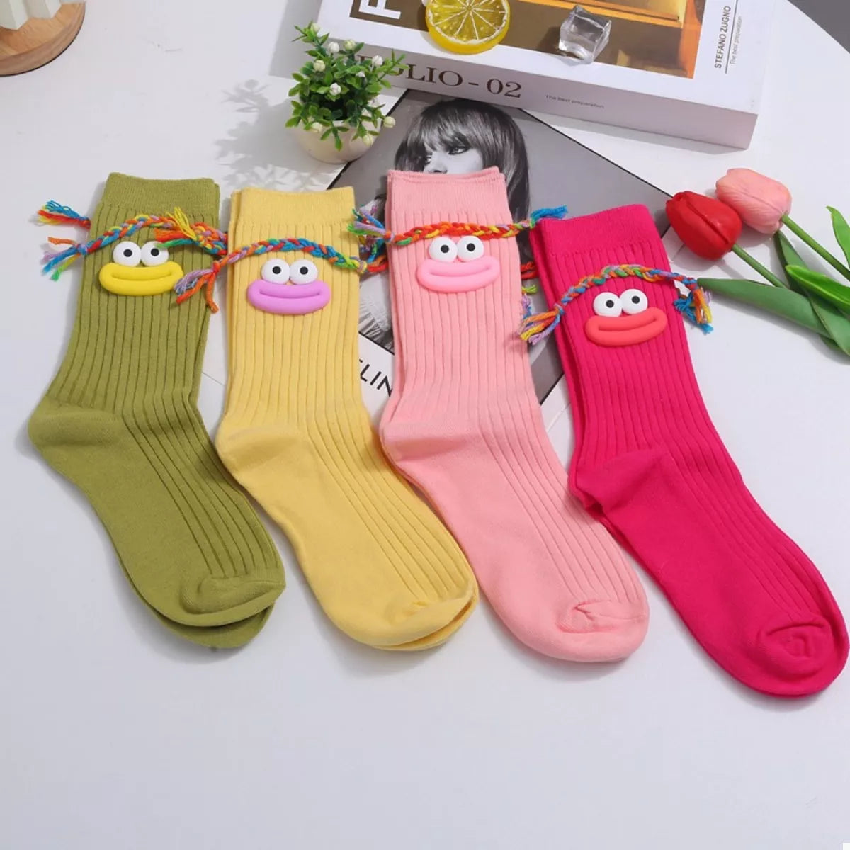 Cartoon Ribbed Knit Crew Socks