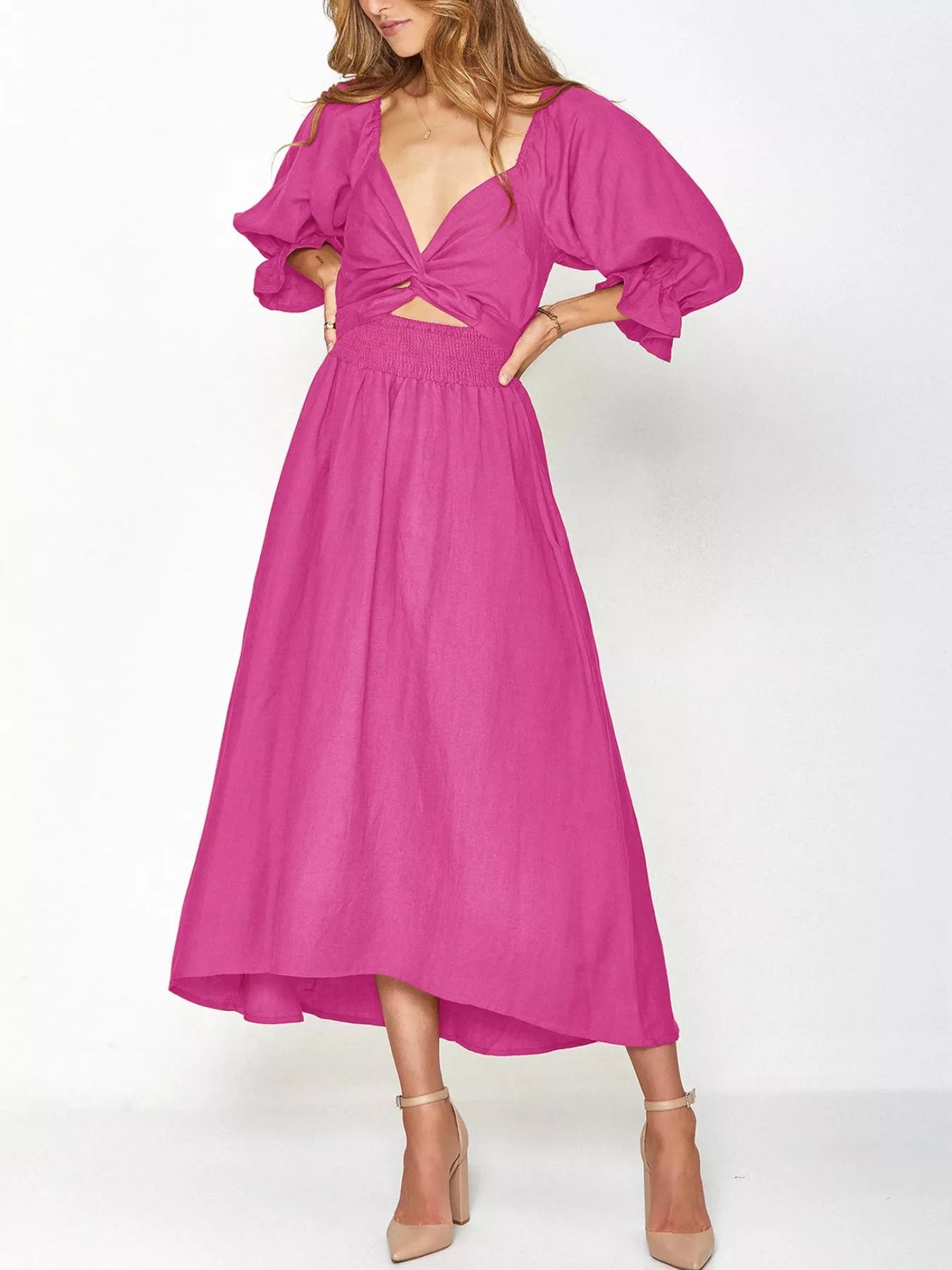 Smocked Puff Sleeves Midi Dress Hot Pink