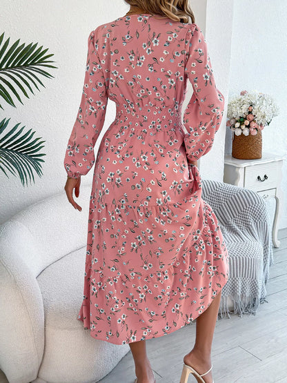 Floral Print Long Sleeve V-Neck Midi Dress
