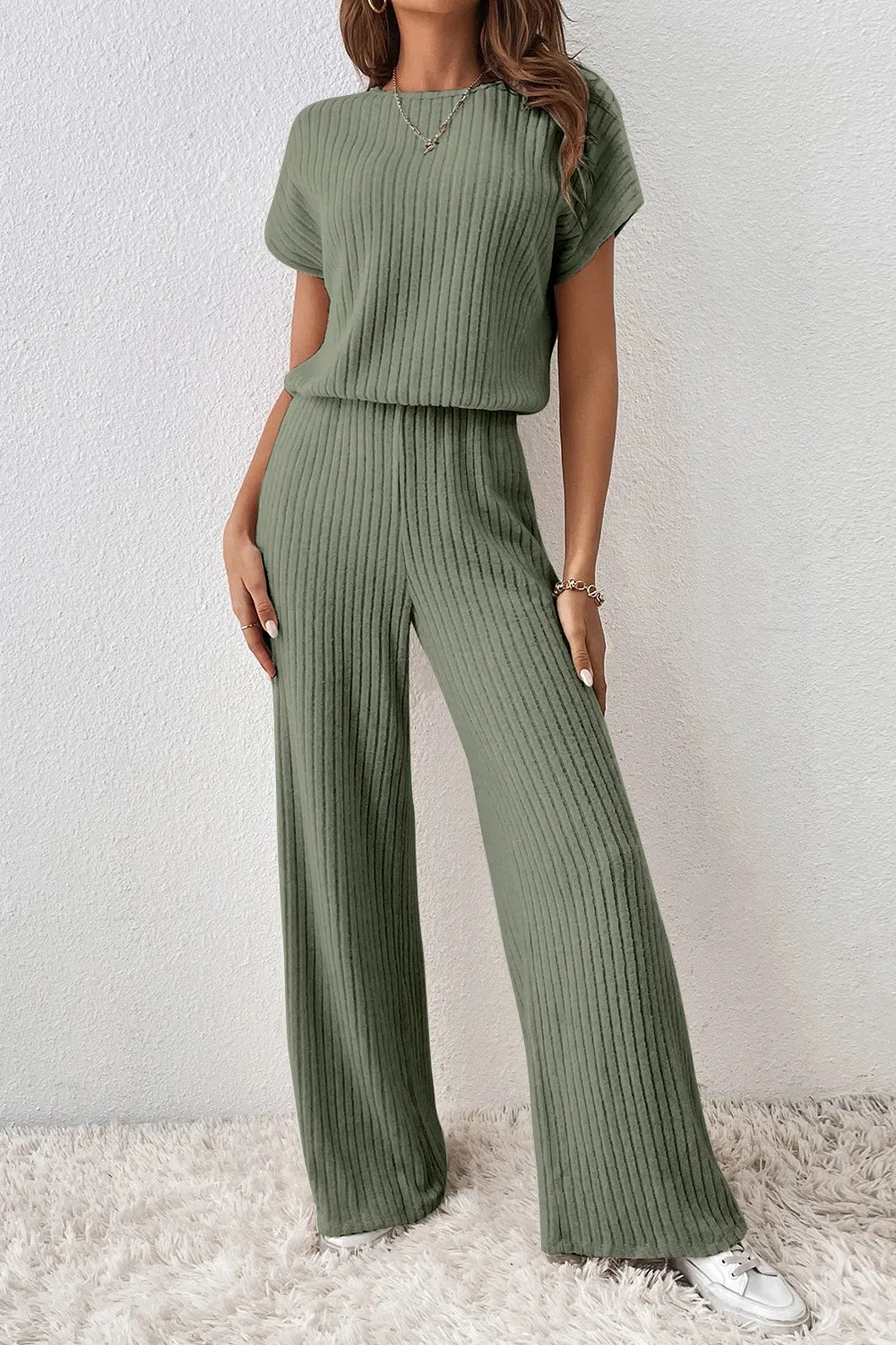 Ribbed Short Sleeve Wide Leg Jumpsuit