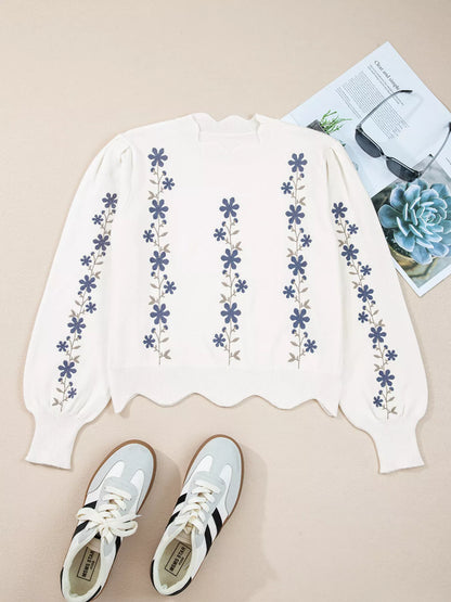 Floral Embroidered Scallop Hem Cropped Sweater