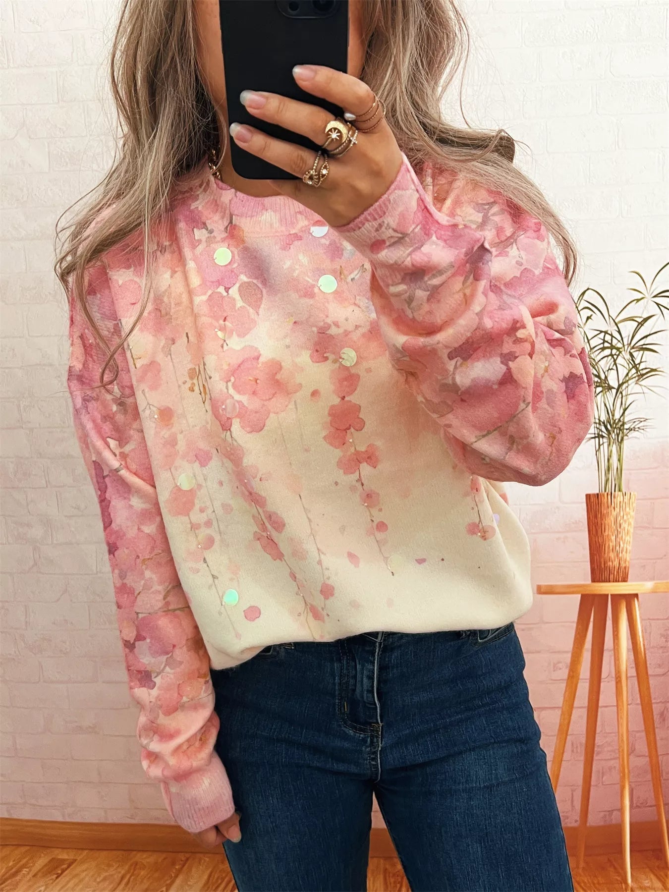 Sequin Crew Neck Long Sleeve Sweater