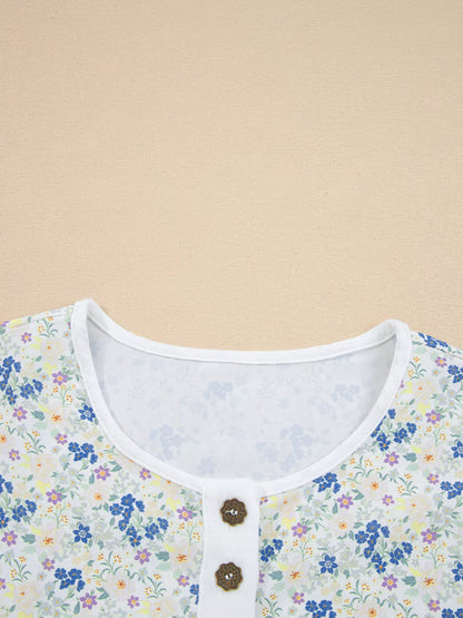 Floral Print Henley Button 3/4 Sleeve Blouse