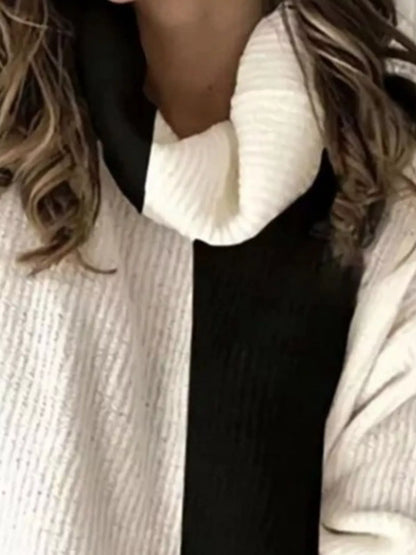 Full Size Two-Tone Turtleneck Long Sleeve Sweater Plus Size White Black