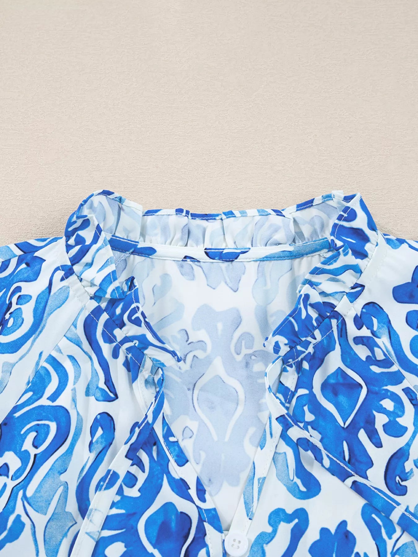 Printed Tie Split Neck Button Front Puff Sleeve Shirt