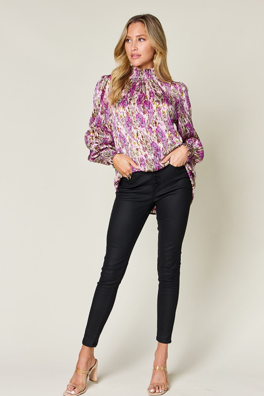 Semi-Sheer Smocked Top with Long Sleeves & Frills
