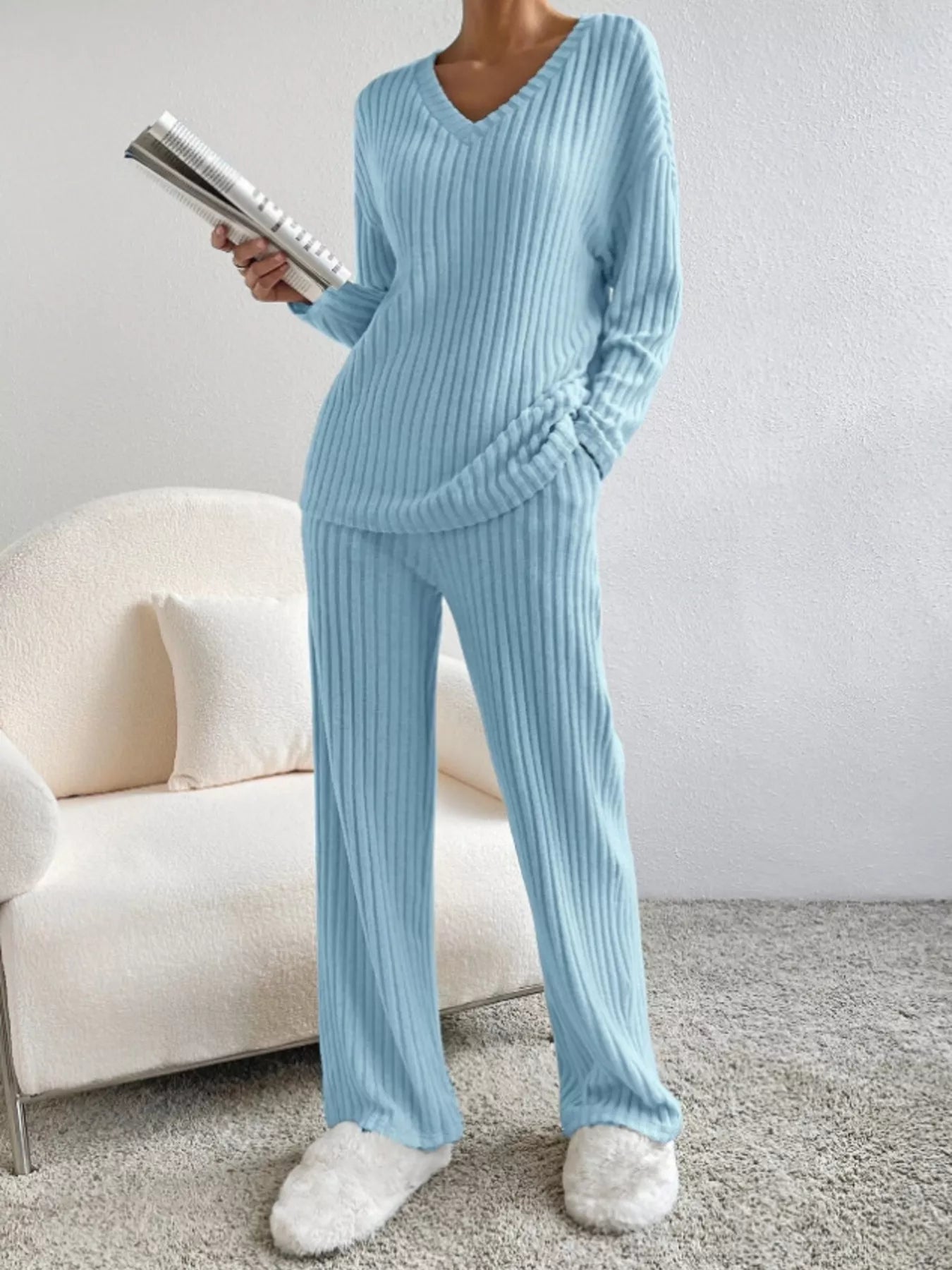 Ribbed Knit Long Sleeve Top and Pants Set
