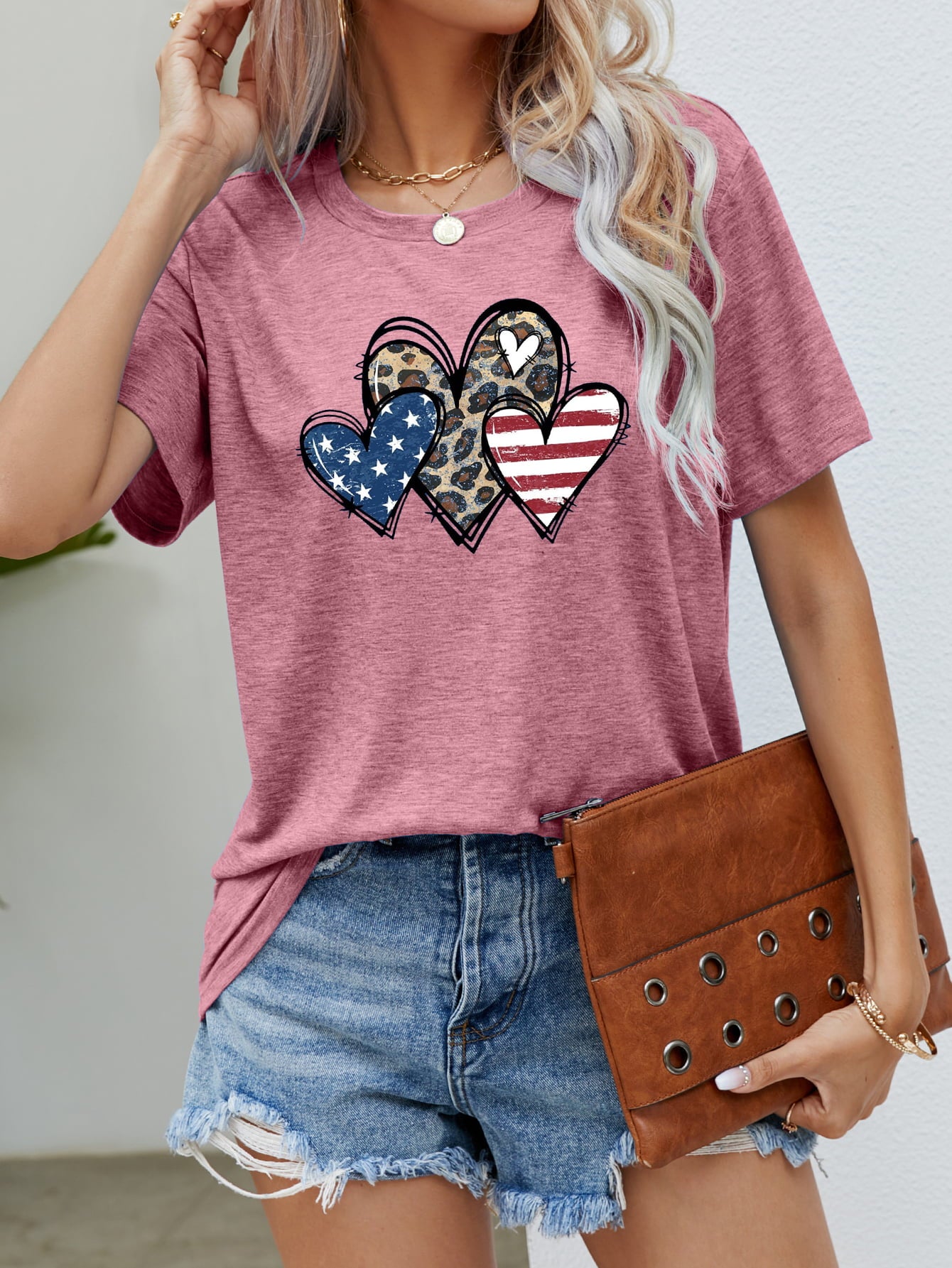 US Flag Leopard Heart Graphic Tee Dusty Pink
