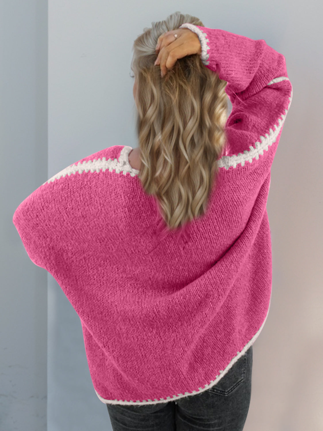 Back To School Sweater - Double Take Contrast Open Front Dropped Shoulder Cardigan